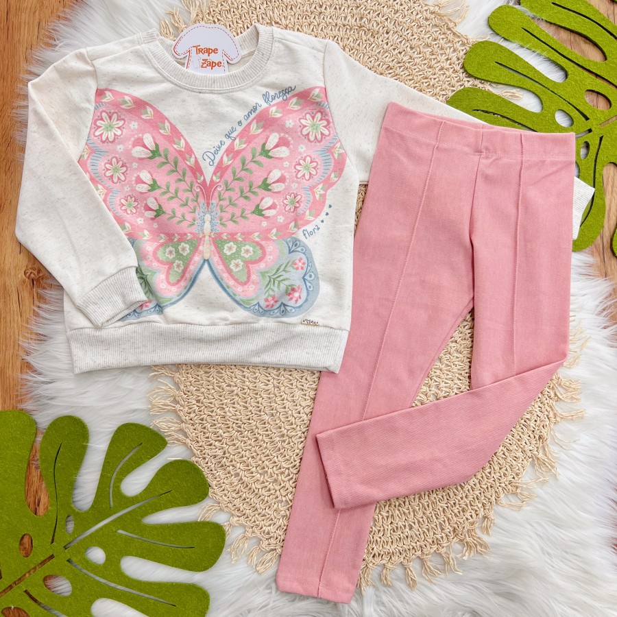 Conj. Casaco Deixe que o Amor Floresça e Calça Legging - Areia e Rose